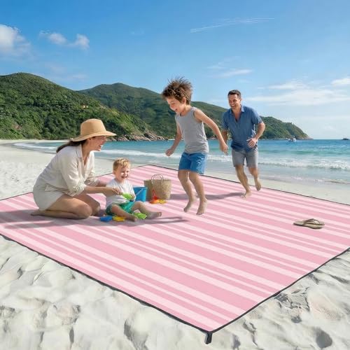OIGAE 7x7ft Sandproof Beach Blanket - Large Waterproof Picnic Mat for 3-4 People, Lightweight Sand Free Mat for Summer Vacation with 6 Stakes & 4 Corner Pockets for Beach, Camping, Festivals - color: Pink Stripe, size: 7x7 Ft (2～4 person)