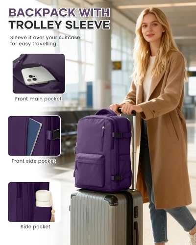 WONHOX Large Travel Backpack Women,Carry On Laptop Backpack Flight Approved,Mochila De Viaje Men Hiking Waterproof Rucksack Casual Daypack with Shoes Compartment,Personal Item Travel Bag Dark Purple - color: A50-dark Purple, size: Large