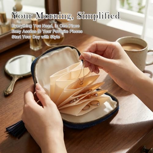Small Travel Jewelry Case,Velvet Pouch with Tassel Zipper,5-Layer Velvet Portable Jewelry Roll Pouch for Earrings Rings Bracelets,Travel Jewelr y Organizer,Gift for Women(Dark Blue)