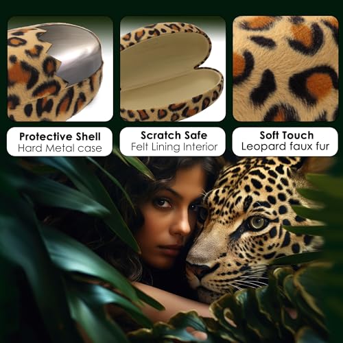 MyEyeglassCase® Large Hard Sunglasses Case | fits Large curved Sunglasses, with microfiber bag and cleaning cloth - color: Leopard Brown2