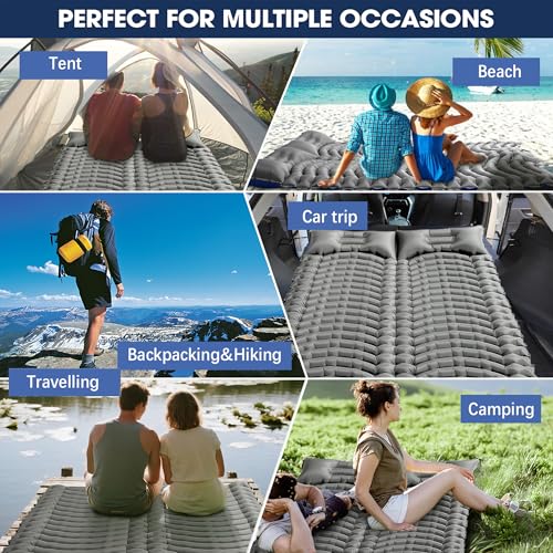 Double Sleeping Pad for Camping - Ultralight Air Mattress with Pillows, Built-in Foot Pump, Compact Inflatable 2-Person Portable Mat for Backpacking, Hiking, Tent, Car Travel, Beach，Road Trip - color: Cool Grey