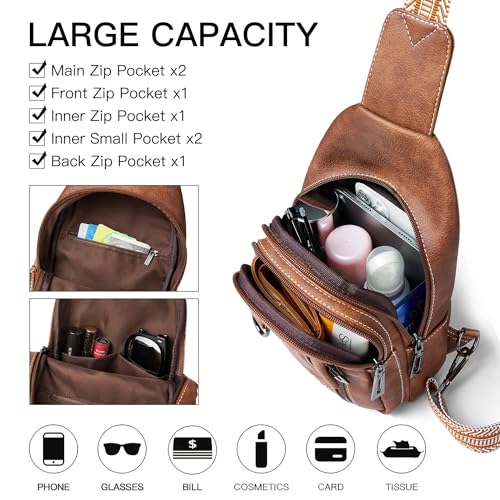 LATMAP 7L Sling Bag for Women Men Leather Small Sling Backpack Daypack Anti Theft Fanny Pack Crossbody Purse Travel - color: Regular Size-brown