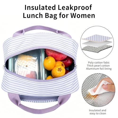 Lunch Bag Women Lunch Box for Women Adult Cute Insulated Lunch Bag Small Cooler Lunch Tote Bags for Work Picnic Travel (Purple Stripes) - color: Purple Stripes