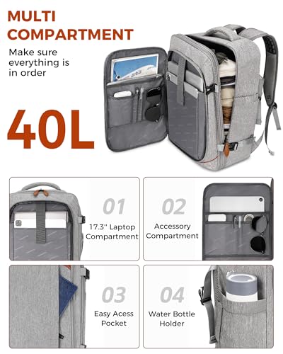 Vancropak Carry on Backpack, Flight Approved 18x14x8 Travel Backpack with 3 Packing Cubes, Expandable Large 40L Travel Bag fits 17.3" Laptop, Anti Theft Luggage Suitcase Weekend for Women Men, Grey - color: Grey