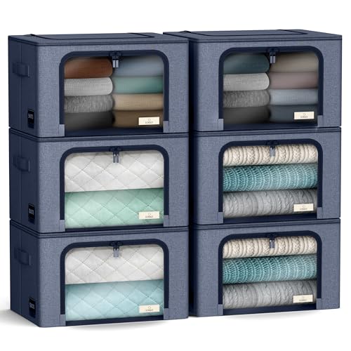 Sorbus Storage Bins with Metal Frame - Stackable & Foldable Clothes Organizer Bags - Oxford Fabric Storage Containers with Large Clear Window & Carry Handles Organization for Bedding Linen & Clothing - color: Blue, size: 6 Pack