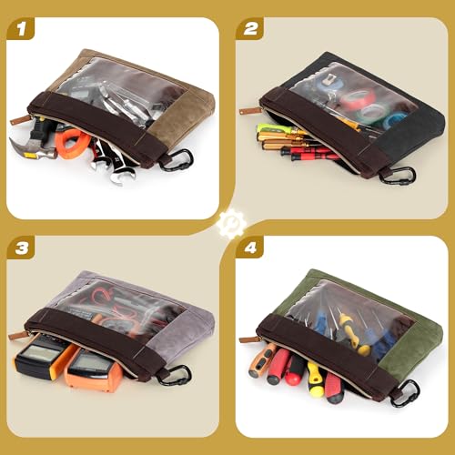 Marscamd 4 Pack Heavy Duty Tool Pouch with Carabiner, 12” Canvas Tool Pouch Bag with Clear Window (4 Colors: Black, Gray, Green, Khaki)