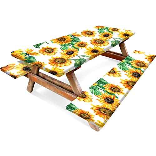 Boao 3 Pcs Vinyl Picnic Table Cover with Bench Cover 6 ft 30 x 72 Inch Waterproof Fitted Tablecloth Flannel Backing Rectangular Elastic Edged for Camping Outdoor Patio Travel(Sunflower) - color: Sunflower