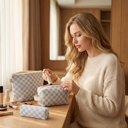 3 Pcs Canvas Makeup Bag Set Checkered Cosmetic Pouch for Women Travel Toiletry Bag Cute Makeup Organizer Purse Pouch Preppy Pencil Case with Zipper (Checkered Blue) - color: Checkered Blue