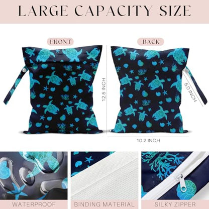 Waterproof Wet Bag for Swimsuit, Travel Beach Wet Dry Bag, Hidden Zipper Reusable Starfish Baby turtle Wet Bags, for Travel Beach Wet Swimsuits Toiletries Diapers Dirty Gym Clothes Laundry Bag - color: Turtle Starfish