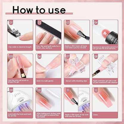 JEWHITENY 14 Colors Poly Extension Gel Nail Kit With U V Lamp Nude Pink White Brown All In One Poly Gel Starter Kit With Base Top Coat Manicure Salon Frence Nail Art DIY - color: A04