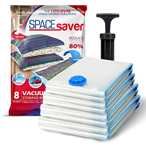 Spacesaver Vacuum Storage Bags with Hand Pump - Vacuum Seal Bags for Clothing, Comforters, Blankets - Reusable Compression Bags for Travel, Moving, Organization - 2S, 2M, 2L, 2XL Sizes - Pack of 8