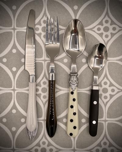The Original Brink House Eclectic Black & White Mix & Match Stainless Steel Cutlery Set / 16 pieces with Metal Stand/Lifestyle utensils set for home, first apartment, dorm, dinner parties - color: Eclectic Black & White