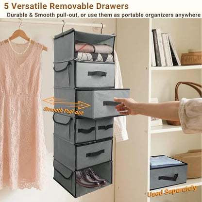 Durable 6-Tier hanging closet organizer with 5 Drawers & 3 Side Pocket,Thickened Fabric Hanging Shelves Holder with Sturdy Hook,Space-saving Storage Organization for Bedroom,Dorm,Guestroom,RV,Bathroom - style: Inseparable-6 Tier