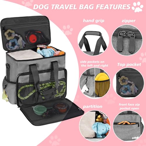 5 Set Dog Travel Bag for Supplies, Dog Lovers, Large Pet Travel Kit Includes 2 Food Containers&2 Collapsible Bowls、Placemats,Grey - color: Wavellite Gray
