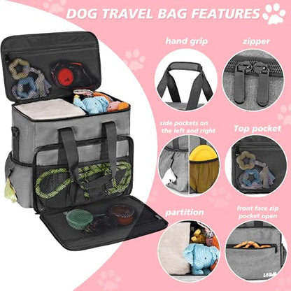 5 Set Dog Travel Bag for Supplies, Dog Lovers, Large Pet Travel Kit Includes 2 Food Containers&2 Collapsible Bowls、Placemats,Grey - color: Wavellite Gray