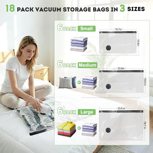 18 Pack Vacuum Seal Bags for Clothing Travel with -60000Pa USB Pump, Save 80% of Space for Clothes (18 Combo Size) - size: 18 Combo Size