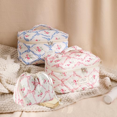 3pcs Large Cotton Quilted Makeup Bag Set,Coquette Aesthetic Cute Travel Toiletry Bag,Drawstring Gift Bag for Women and Girls(3Pcs Pink Bow) - color: 3Pcs Pink Bow