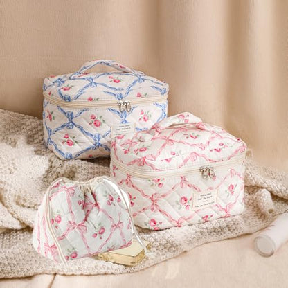 3pcs Large Cotton Quilted Makeup Bag Set,Coquette Aesthetic Cute Travel Toiletry Bag,Drawstring Gift Bag for Women and Girls(3Pcs Pink Bow) - color: 3Pcs Pink Bow