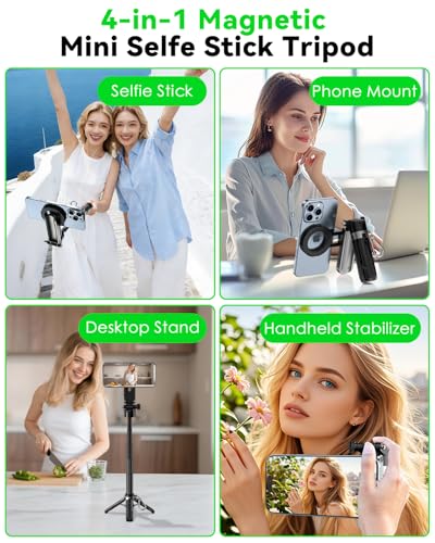 CloudValley Magnetic Selfie Stick & Mini Tripod, 360° Rotation Extendable Handheld Stabilizer/Camera Grip with Remote, 5 in 1 Portable Phone Stand for iPhone/Android, Travel Vlog, Live Stream, Black - color: Black