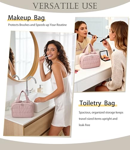 Travel Toiletry Bag for Women, Large Wide-open Puffy Cosmetic Makeup Bag with Wet-Dry Separation, Multi-Pocket Organizer with Carry Handle for Toiletries, Cosmetics, Essentials, Light Pink - color: Light Pink
