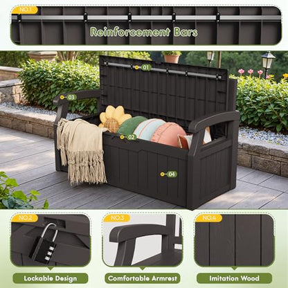 Greesum 80 Gallon Storage Bench Outdoor Deck Box with Armrest, Patio Furniture,Lockable, Waterproof and UV Resistant, Suitable for Garden, Pool, Brown - color: Brown, style: 80 Gallon
