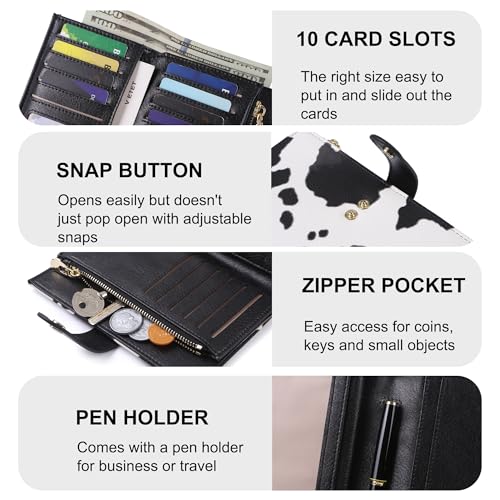 yiijay Wallet Women RFID Blocking Multi Cards Wallet Credit Card Holder for Women Large Capacity Lady Leather Trifold Travel Wallet with Pen Holder - color: 2Cow Print Black