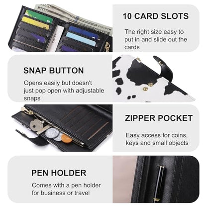 yiijay Wallet Women RFID Blocking Multi Cards Wallet Credit Card Holder for Women Large Capacity Lady Leather Trifold Travel Wallet with Pen Holder - color: 2Cow Print Black
