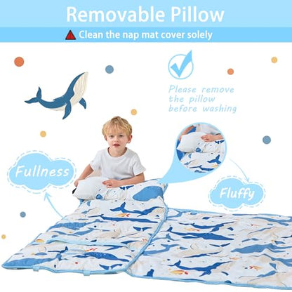 Lasoftan Toddler Nap Mat with Pillow and Blanket, Extra Large Rolled Napping Mats,Slumber Bags for Boys Girls,Kids Sleeping Bag for Daycare, Preschool Travel Camping - color: Ocean Whale