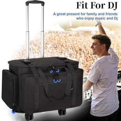 Rolling Dj Cable Bag with Laptop and Microphone Pocket, Dj Bag for Equipment and Music Accessories with Detachable Dividers, Bottom Pad, Dj Gig Bags for Musicians, Professional, Travel, Blue - color: Blue, style: Rolling Dj Cable Bag