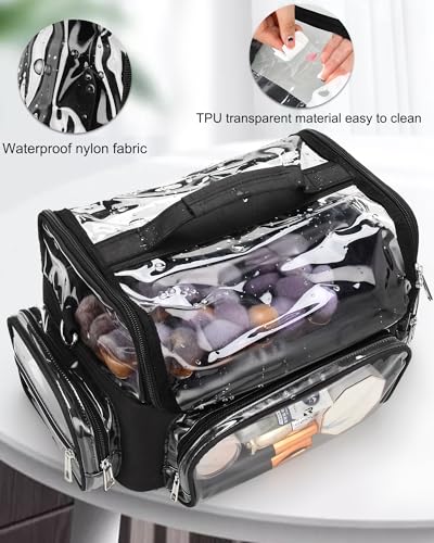 Makeup Brush Bag, Makeup Brush Case for Makeup Artist with Plastic Dividers Washable, Portable Travel Makeup Train Case with Clear Waterproof Cover for Easy to Clean and Find with Adjustable Strap - color: Clear+Black