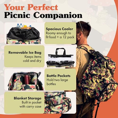 Lax & Daisy Travel Picnic Backpack for 2 Persons - 14 Piece Set Cooler Bags Insulated for Beach, Camping, Hiking & Parks with Blanket, Tumblers, Plates, Gold Cutlery & Cutting Board (Mushroom Print) - color: Moody Mushies (Mushroom Print)