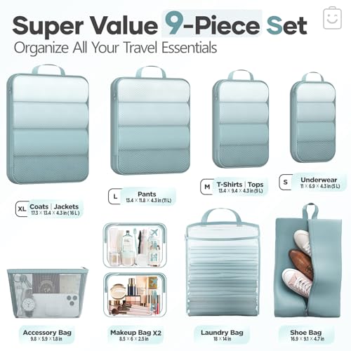 Veken 9/11 Set Compression Packing Cubes for Travel Essentials,Compressible Expandable Large Luggage Suitcase Organizer Bags for Clothing,Durable Space Saver Storage Bags with Toiletry Bags(Blue Gray) - color: Blue Gray, size: 9 set