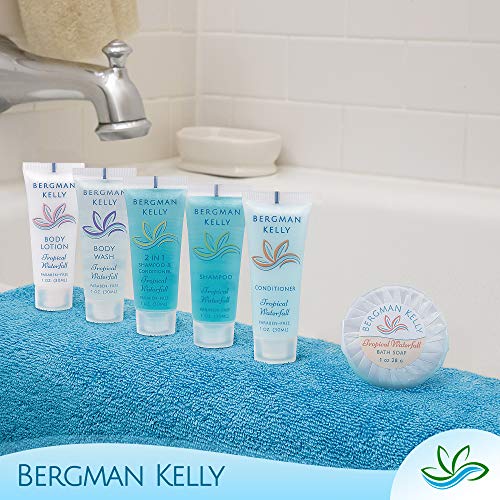BERGMAN KELLY Hotel Toiletries Bundle (Tropical Waterfall, 1 oz each, 100 Pieces) 4-Piece Set: 25 Round Bar Soap, 25 Shampoo, 25 Conditioner & 25 Body Lotion - Bulk Mini Guest Amenities Supply - size: 1 Fl Oz (Pack of 25)