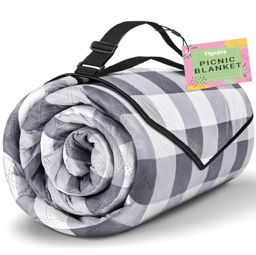 TigeJoy Extra Large Picnic Blanket Waterproof Foldable 80''x100'', Outdoor Picnic Mat Beach Blanket Sandproof for Park, Grass, Travel, Hiking, Camping Essentials, Gingham Picnic Blanket - color: Grey, size: 6'8" x 8'4" (Rectangular)