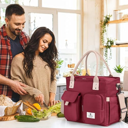 Hafmall Large Insulated Lunch Bag for Adults, Wide Opening Insulated Bag with Shoulder Strap,Loncheras para Mujer, Reusable Adult Lunch Tote Bag For Work, Picnic(Red) - color: Red