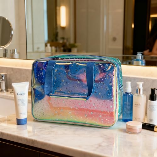 Holographic Blue Clear Star Large Cosmetic Bag and TPU Travel Pouch with Handle,Durable Material,Zipper Design-Ideal for Makeup,Travel Essentials (Holographic Blue+Star) - color: Holographic blue+Star