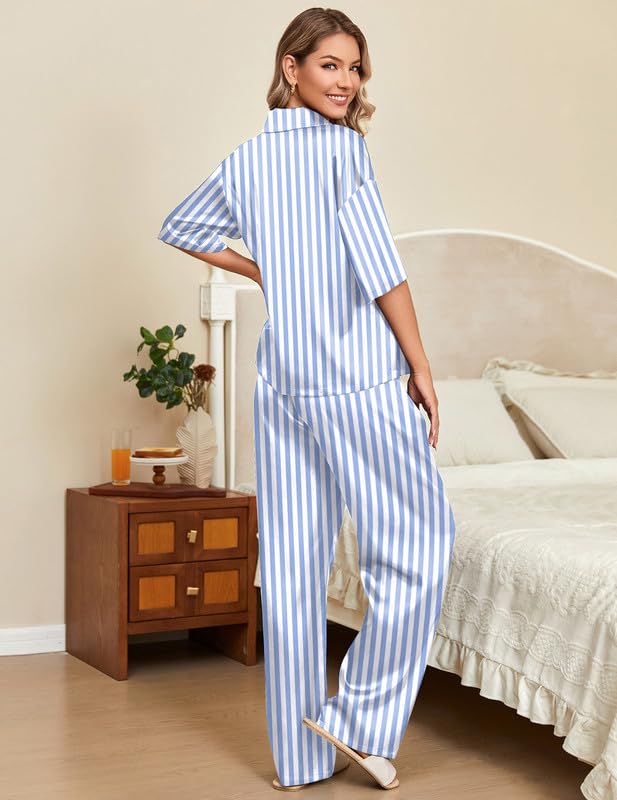 Ekouaer Silk Satin Pajamas Set Women Short Sleeve Pj Sets Button Down Sleepwear 2 Piece Soft Loungewear S-XXL - color: Blue Stripes, size: Large