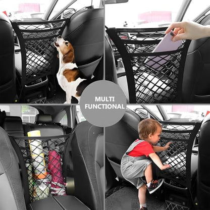 3-Layer Car Mesh Organizer, Seat Back Net Bag Stretchable Barrier of Backseat Pet Kids, Four-Side Elastic Storage Netting Pouch Cargo Tissue Purse Holder Between Front Seats - color: 3-Layer Four-Side