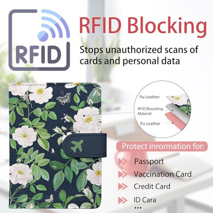 Passport Holder, Travel Wallet Cover with Pen Loop | Cute RFID Blocking Leather Case with Magnetic Closure for Travel Essentials-flower - color: P-Butterfly