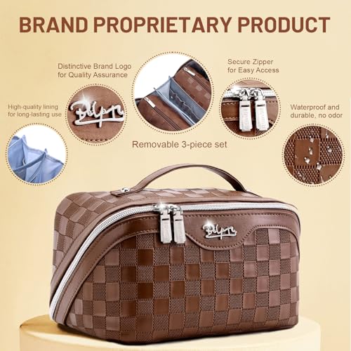 BOYATU Travel Makeup Bag Organizer: 3 Pcs Set Large Capacity Cosmetic Bags Holds 10–20 100ml Full-Size Bottles - 180°Open-Flat Make up Case 3-sec touch-up - Toiletry Bag Gift women (03-A-Coffee) - color: 01-F-Coffee