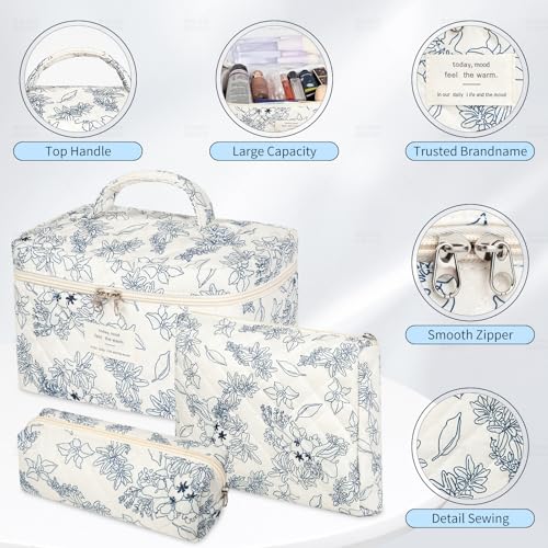 senbowe Floral Makeup Bag, 3 Pack Large Cotton Quilted Makeup Bag Set, Cute Floral Coquette Aesthetic Toiletry Bag Make Up Cosmetic Bag for Women, Toiletry Travel Make Up Organizer Bag - color: Dark Blue Flower
