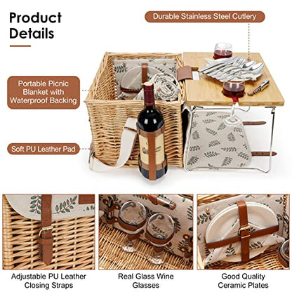 WILLOW WEAVE Picnic Basket with Table, Picnic Basket Set for 2, Willow Hamper with Wine Holder, Wicker Picnic Set with Blanket & Premium Tableware for Outdoor, Wedding, Anniversary, Birthday Gift - size: M for 2P-Leaf