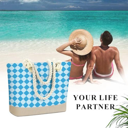 Fokongna Tote Bag For Women, Beach Bag Best Friend Travel Birthday Gifts, Travel Parties Vacation Shopping Essentials - color: Blue Diamond Check