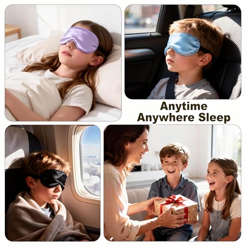 Kids Sleep Mask, Kids Eye Mask for Boys Girls, Kid Silk Eye Masks with Adjustable Strap for Sleeping, 100% Light-Blocking Sleep Eye Cover, Includes Protective Laundry Bag (Black) - color: Black