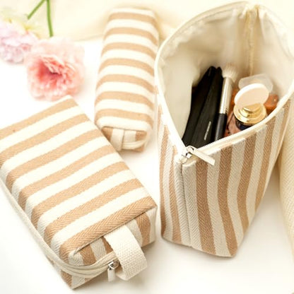 3 Pcs Makeup Bag Set Striped Canvas Purse Cosmetic Bag For Women Travel Toiletry Pouch Organizer pencil case (Khaki-White) - color: Khaki-White