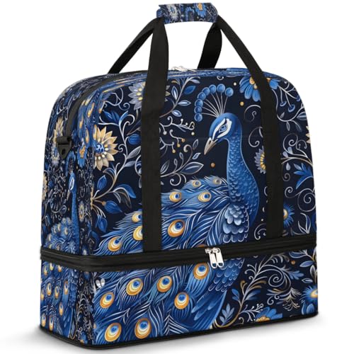 Travel Duffel Bag Peacock Floral Flower Weekender Bag with Shoe Compartment Foldable Overnight Bags for Travel Sports Lightweight Gym Bags for Men Women - color: Peacock Floral Flower