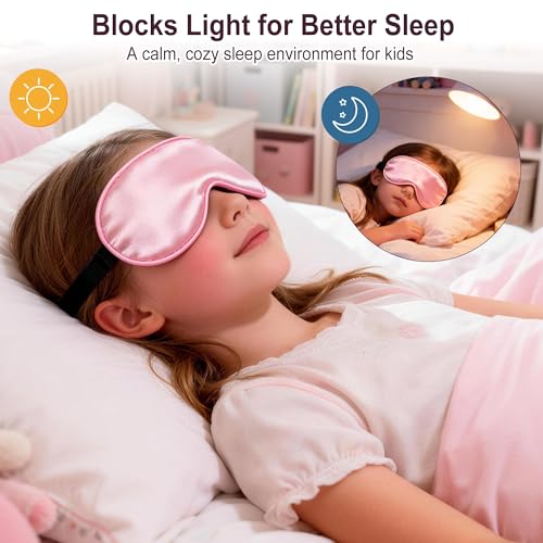 Kids Sleep Mask, Kids Eye Mask for Boys Girls, Kid Silk Eye Masks with Adjustable Strap for Sleeping, 100% Light-Blocking Sleep Eye Cover, Includes Protective Laundry Bag (Pink) - color: Pink