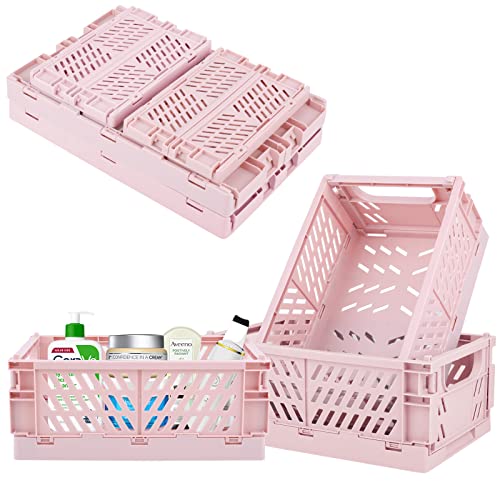 Plastic Baskets for Desk Organizing, Drawer Organizer, 2 Medium+2 Small Durable Folding Storage Crate for Home Kitchen Classroom Office Bedroom and Bathroom (Pink) - color: Pink