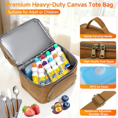 Waxed Canvas Lunch Bag with 2 XL Ice Packs, Canvas Lunch Box, Lunch Cooler for Men Work, 10.5L 2 Compartments Insulated Leakproof Cooler Bags for Camping, Beach and Road Trips - color: Biscuit Yellow