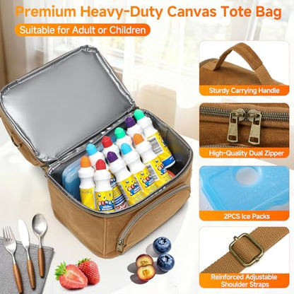 Waxed Canvas Lunch Bag with 2 XL Ice Packs, Canvas Lunch Box, Lunch Cooler for Men Work, 10.5L 2 Compartments Insulated Leakproof Cooler Bags for Camping, Beach and Road Trips - color: Biscuit Yellow